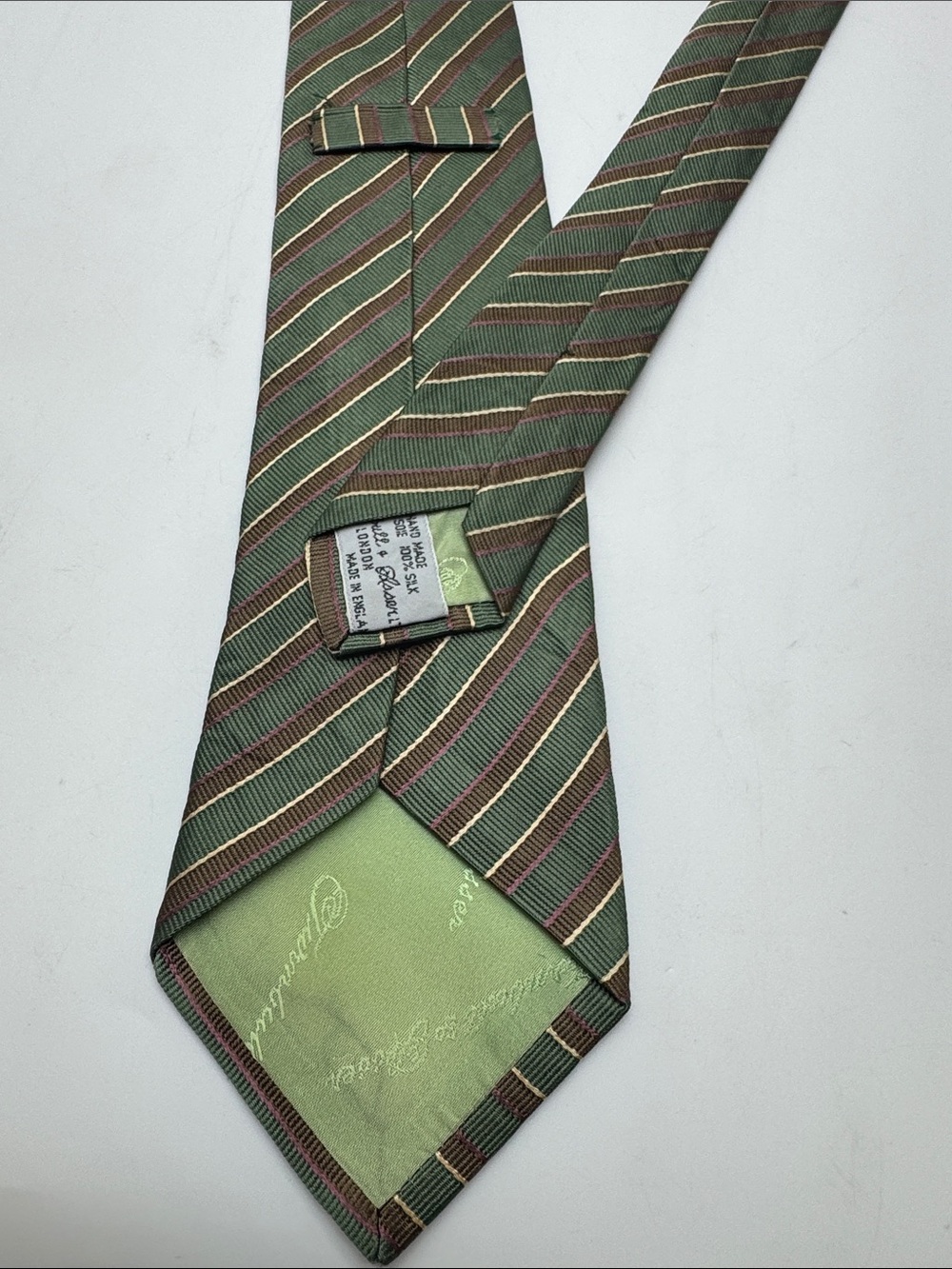 Turnbull & Asser Green Striped Silk Tie with Brown and Cream Accents #0045